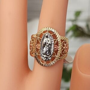 Gold Filled Ring Religious Mary with Flowers Size 7